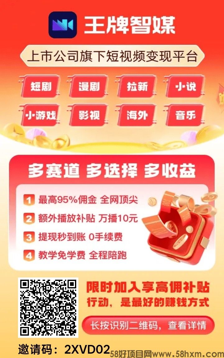 王牌智媒，零撸DY卦载，保底收益高，新品上线，