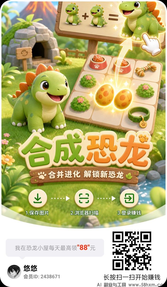 恐龙小屋，零撸合成广赚，保底收益，放水中，新品上线，