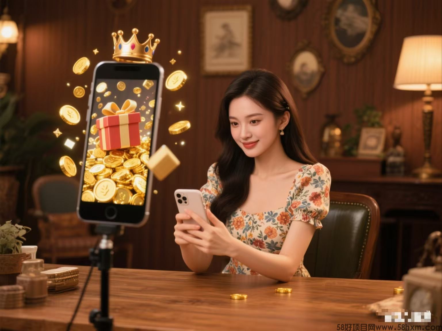 一女坐着正面对着一部手机.jpg