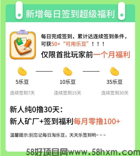 淘乐豆新人注册送机器，30天签到到手50米，可复投。